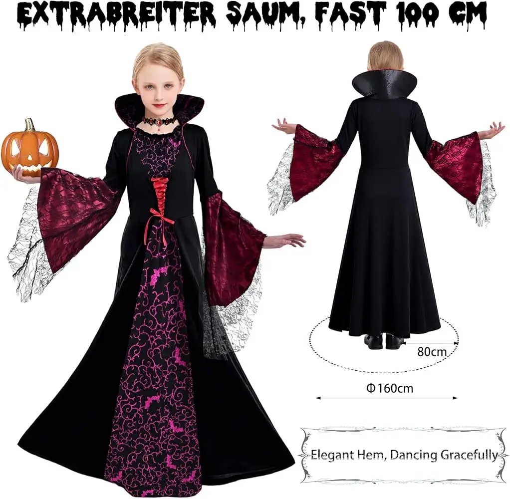 Mädchen Vampir-Königin Cosplay Langes Kleid Gotisches Kleid mit ausgestellten Ärmeln Kinder Halloween Karneval Rollenspiel Kostüm Outfit – Detail 2