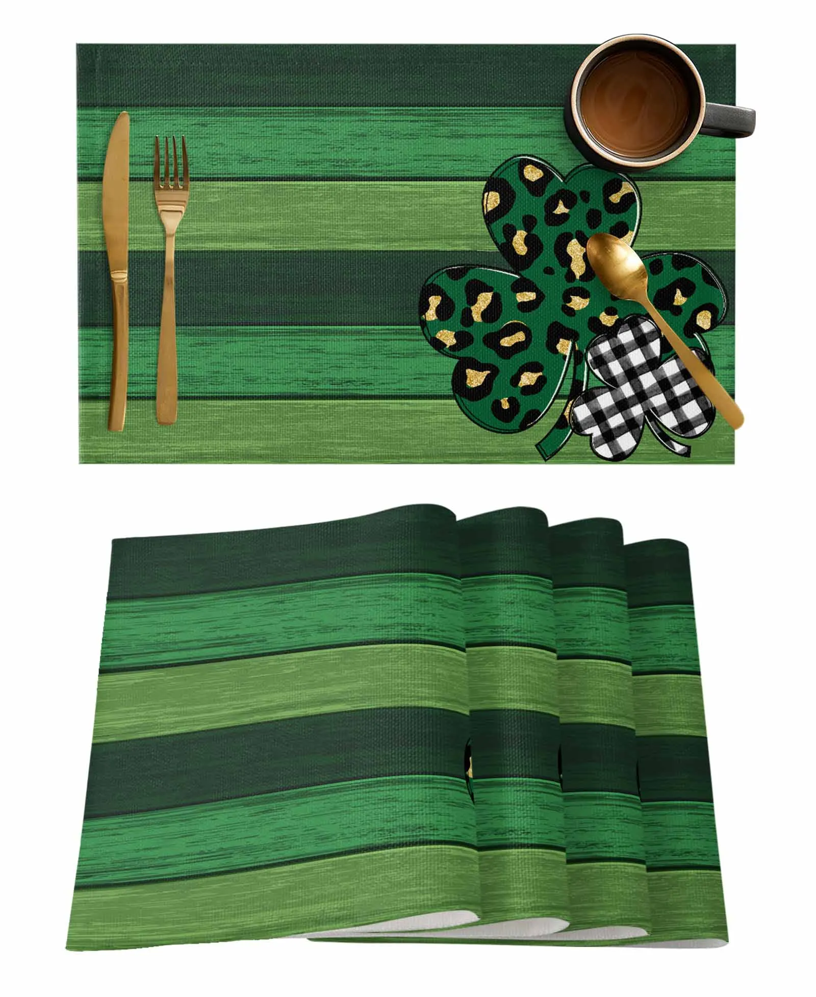 St. Patrick's Day Four Leaf Clover Leopard Plaid Dining Table Decor Accessories 4/6pcs Placemat Heat Resistant Tableware Mat