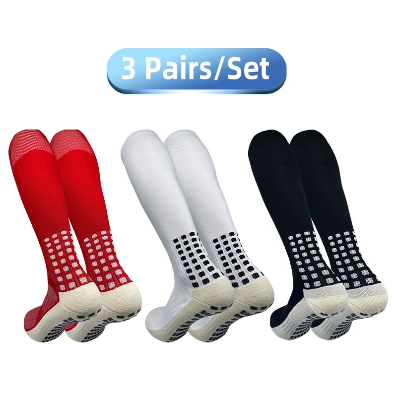 Pack Three Pairs MEN Polyester Silicone Anti-Slip Socks Three Colors Breathable Long Barrel Shock-Absorbing Football Socks