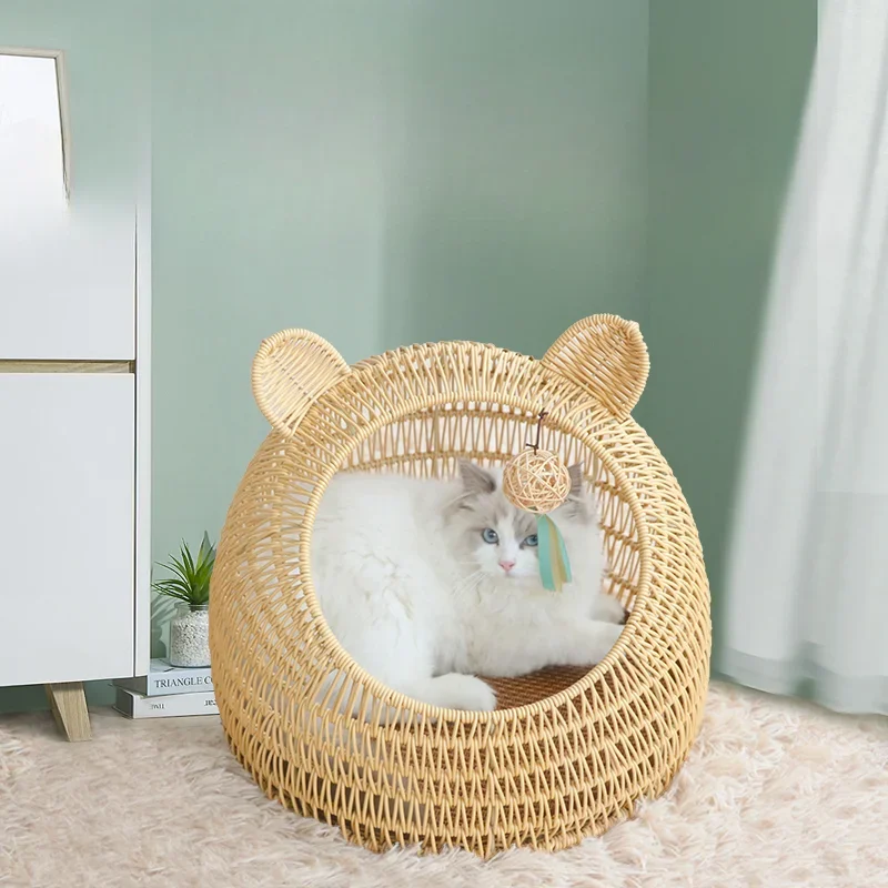 Rattan cat nest universal in all seasons, removable and washable cat head in summer