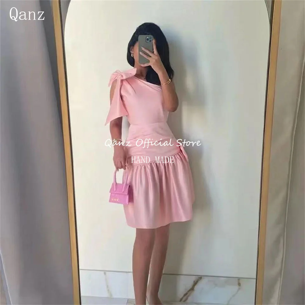 

Qanz Dubai Pink Satin Short Prom Dresses One Shoulder Bow Formal Occasion Dresses Saudi Arabia A Line Women's Evening Dress