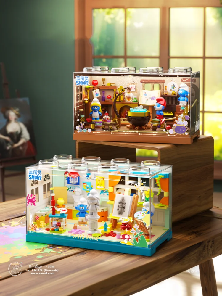 Blocs de construction Maison Magique des Smurfs, modèle de cabane de dessin animé avec couvercle anti-poussière, jouets éducatifs DIY, cadeaux de vacances
