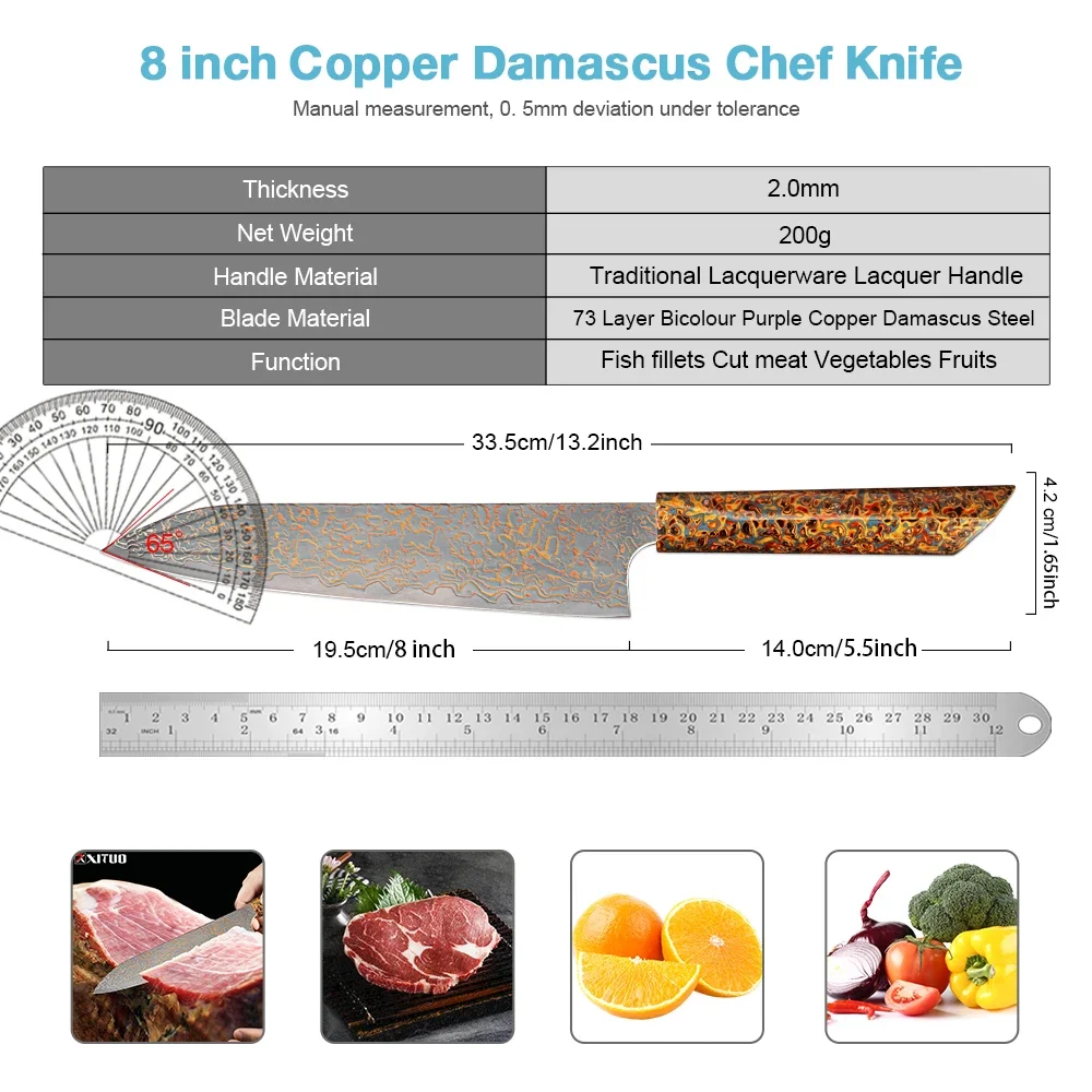 High-end Two-tone Copper Damascus Chef Knife,Damascus Steel with Copper Inlay,Sharp Kitchen Knife Fine Traditional Lacquer Handl