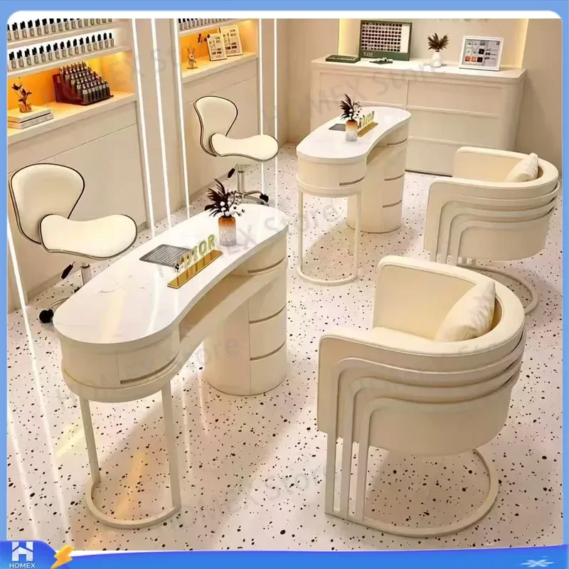 Cream Manicure Table and Chair Set Marble Top Nail Station with Built in Vacuum Socket Dust Collector Professional Salon