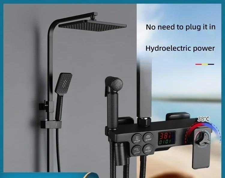 #Black Thermostatic Shower Set, 4-Mode Button Control, Smart Temperature, High-Pressure Overhead Spray, Bathroom Fixture