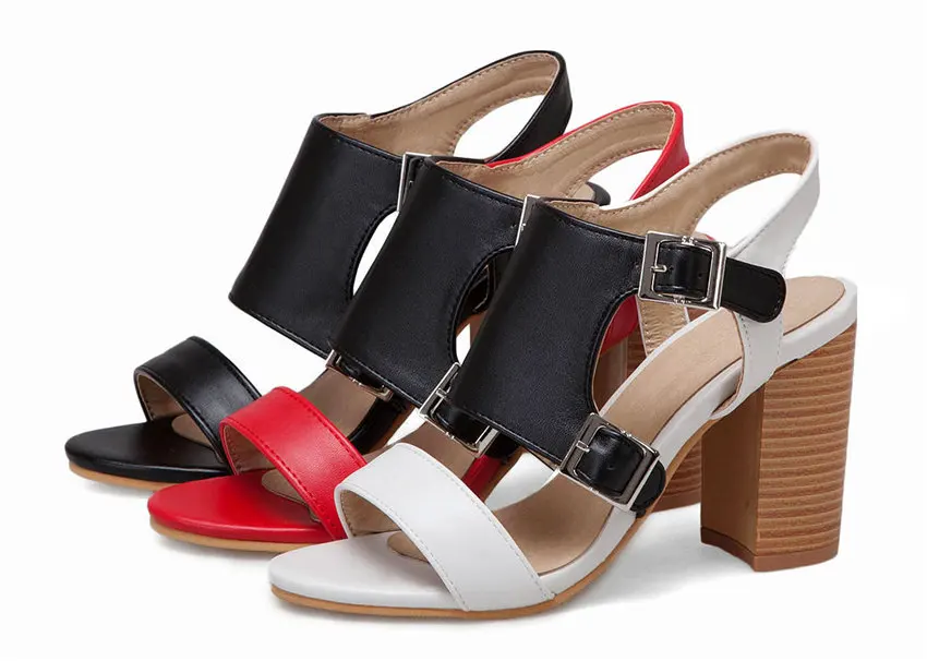 

Plus Size Gladiator Women Sandals Red Black PU High Block Heel Casual Party Office Lady Summer Open Toe Buckle Strap Roman Shoes