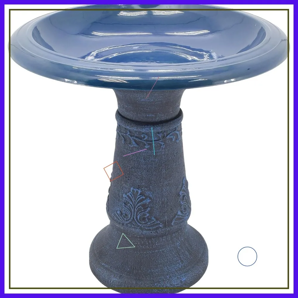 Fiberclay Bird Bath Outdoor Garden Decor, Antique Vintage Weather Resistant Water Bowl for Backyard and Patio, 20-inch Tall Blue