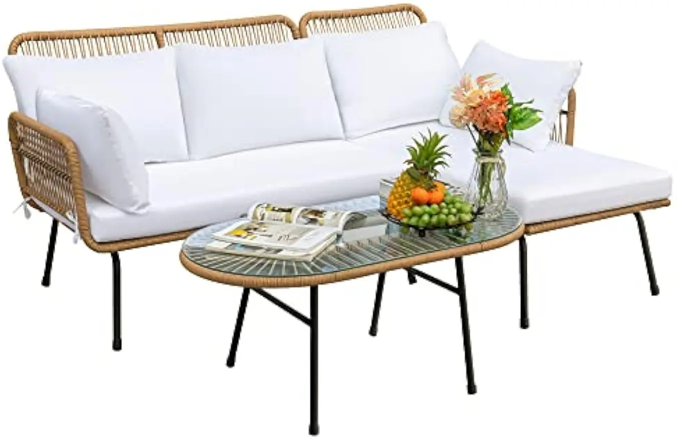 

Outdoor Patio Furniture Set, Outdoor Sectional Conversation Rope Woven L-Shaped Sofa Set with Patio Table and Thick Cushions