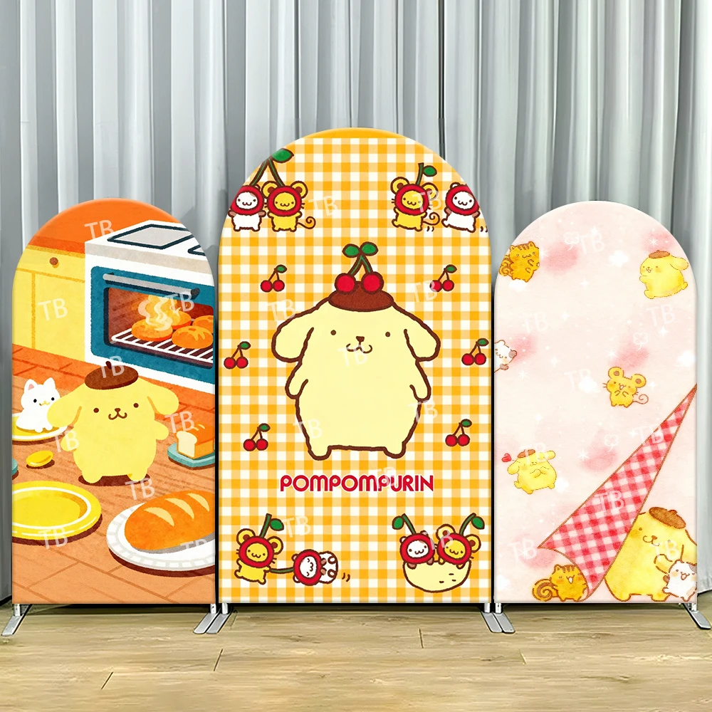 

Sanrio Pompompurin Checkered Cherry Baking Style Arch Backdrop Cover Kawaii Decor Photo Booth Prop for Kids' Party Decoration