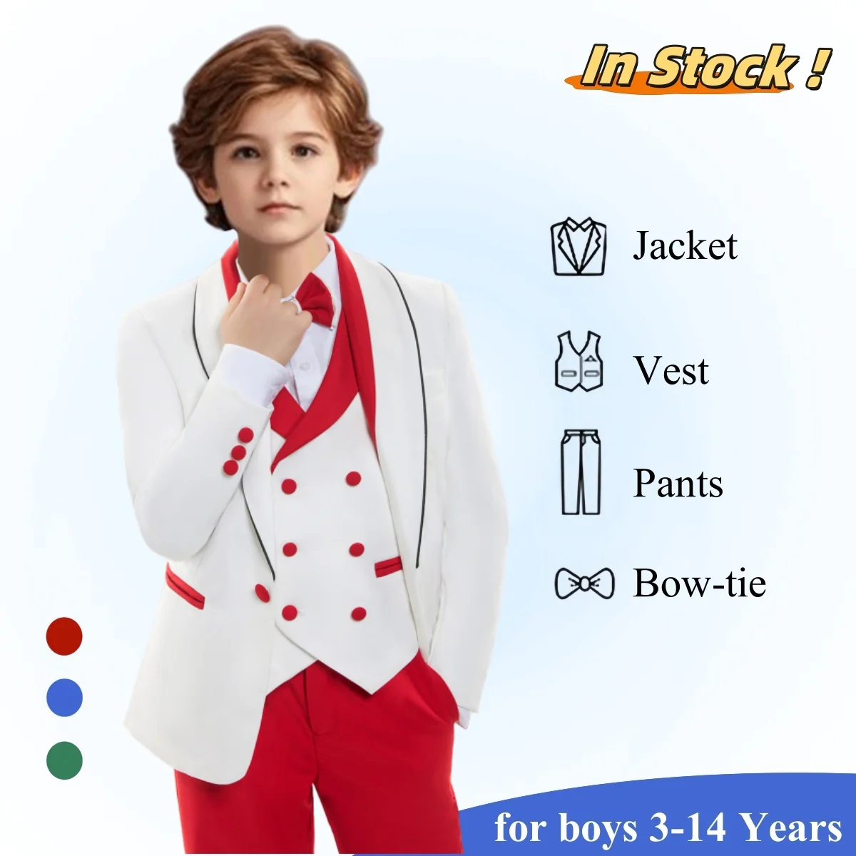 Wedding Suit for Boy Adjustable Waist Boys Suit 3-14 Years - Blazer Pants Vest Bowtie Tuxedo Set - Stretch Fabric - In Stock