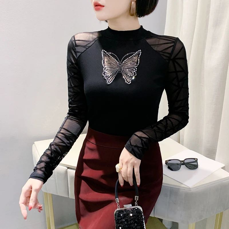 New 2026 Spring European Street Long Sleeve Round Neck Tops Fashionable Hollow Lace Hot Diamond Women Mesh T-Shirt Black Red Tee