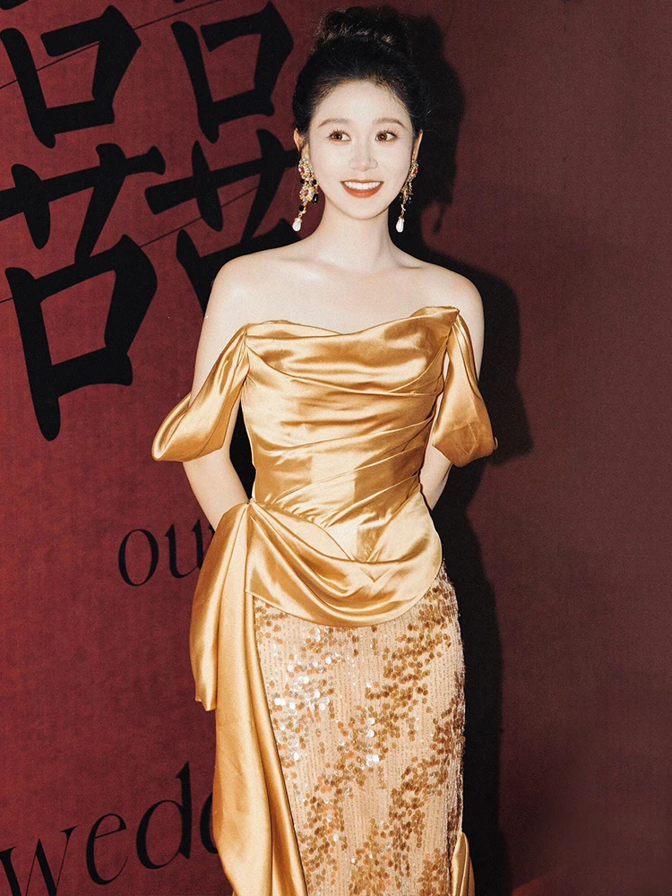 

Golden Evening Gown Ele Bride Fi Tail Wedding Dr Engagement Par Gown High-End Sensation One oulder Long Dr