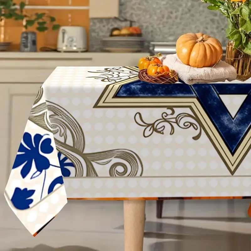 VIKAMA Jewish Holiday Rectangular Tablecloth Star of David Vintage Floral Pattern Washable Table Cover Festival Home Decor