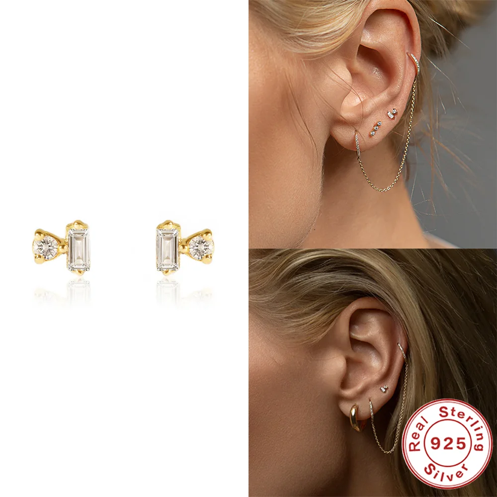 French Square Zircon Piercing Earring Pendientes Plata 925 Sterling Silver Earrings For Women Delicate Daily Jewelry