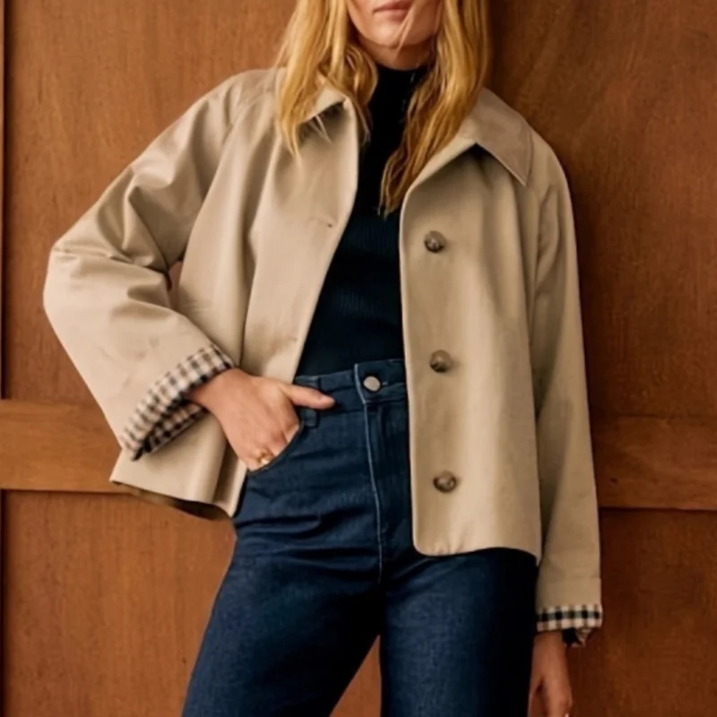 Nový krátký trenčkot pro ženy, klopový, na knoflíky, nadměrná ležérní zkrácená bunda s kostkovanou podšívkou - náhled 2