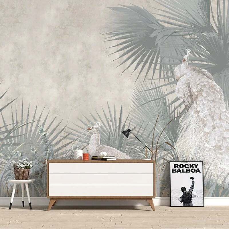 Custom Mural Wallpaper White Peacock Palm Leaf Wall Mural Vintage Plant Wall Paper for Living Room Bedroom Home Background Decor