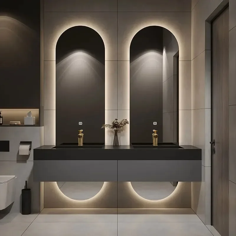 

Designer Customized Bathroom High-end Villa Light Rock Slab Integrated Basin Cabinet Combination Luxury Double Mirror Wash