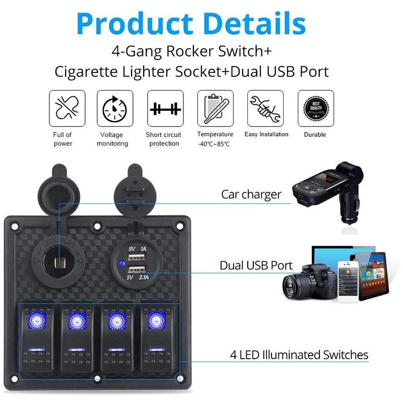 Marine Boat Switch Panel Waterproof,12/24V 4 Groups With Dual USB Slots Socket 10/20A LED Light Boat Switch Panels,Blue