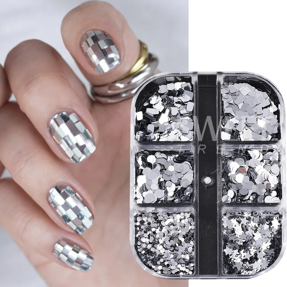 6 Grids Silver Mixed Nail Sequins Star Square Round Dot Sparkly Nail Glitter Flakes 3D Nail Art Decor DIY Manicure Accessories
