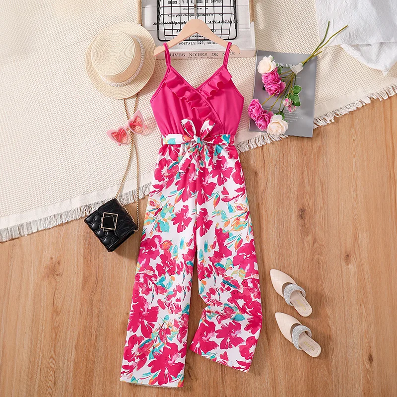 Fashion For 8-12 Years Kids Outfit Rose Red Lace Jumpsuit For Girls Floral Printed Party Birthday Teenager Daily Casual Clothing