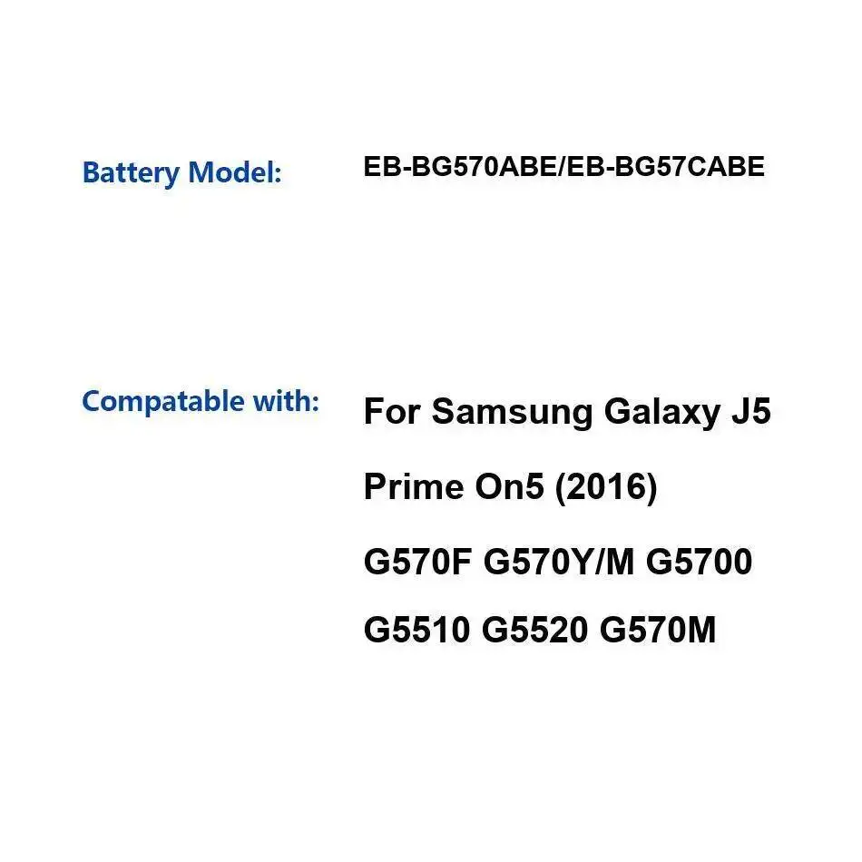 

High Capacity For Samsung Galaxy J5 Prime On5 2016 G570F G570Y M G5700 G5510 G5520 G570M EB-BG570ABE EB-BG57CABE Battery 2400Mah