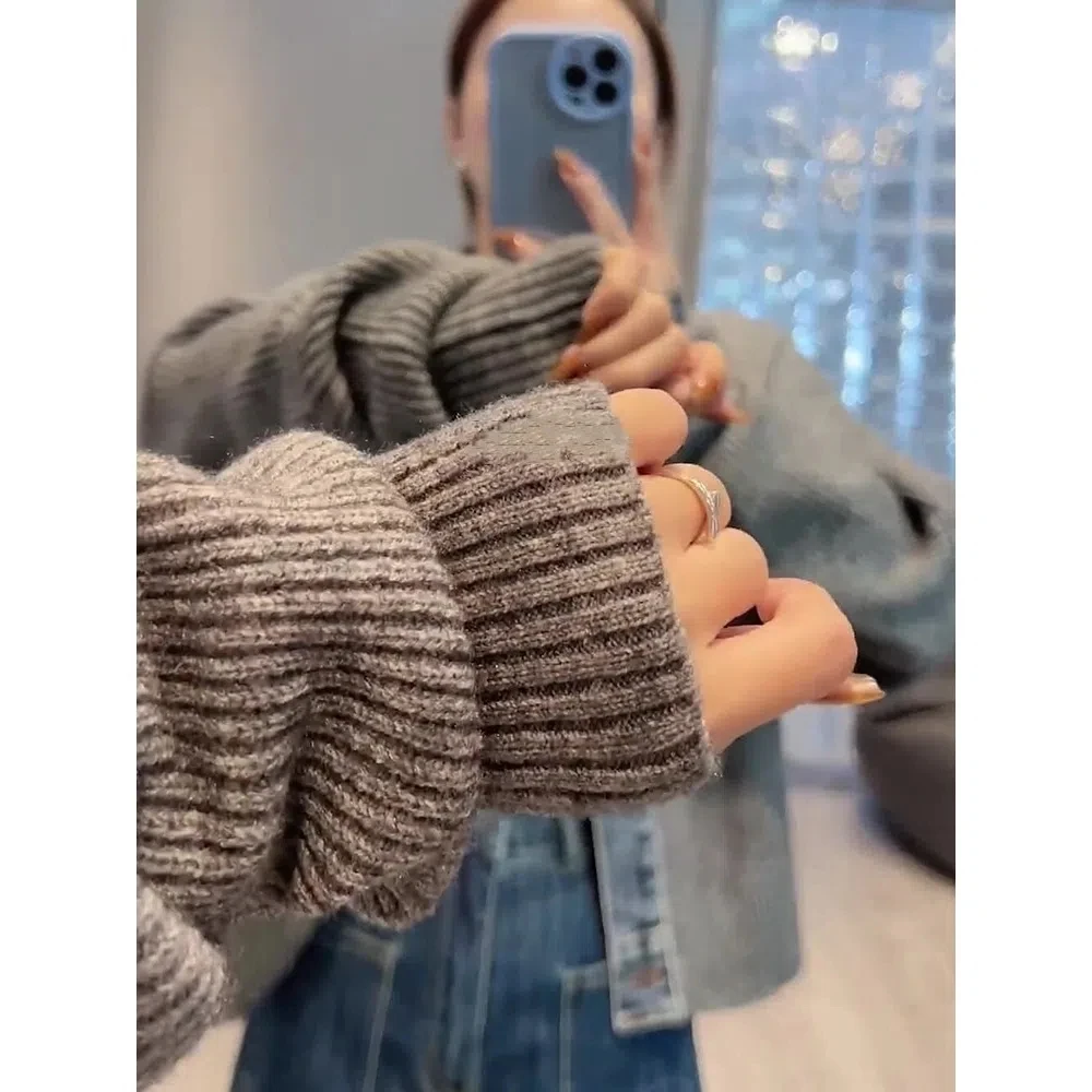Women Vintage Denim Patchwork Sweater Cardigan Korea Fashion Harajuku Short Knitted Jacket Single Breasted Long Sleeve Knitwear