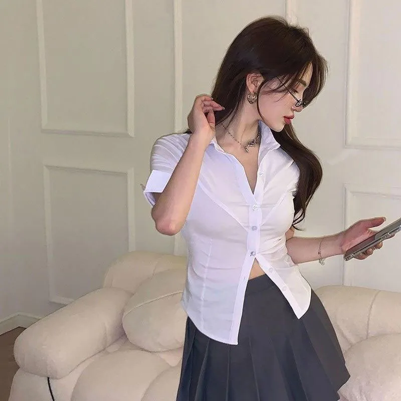 Lucyever Y2K White Women Crop Shirts Sexy Slim Fit Short Sleeve Blouses Ladies Korean Summer New Office All Match Button Top — zdjęcie 4