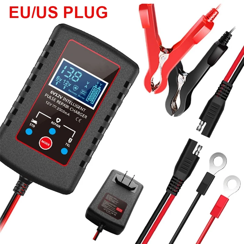 

6V/12V Car Battery Charger 2A Automobile Smart Charger Lead Acid Battery ASE Adapter Cable For Motorcycle Lawn Mower EU/US Plug