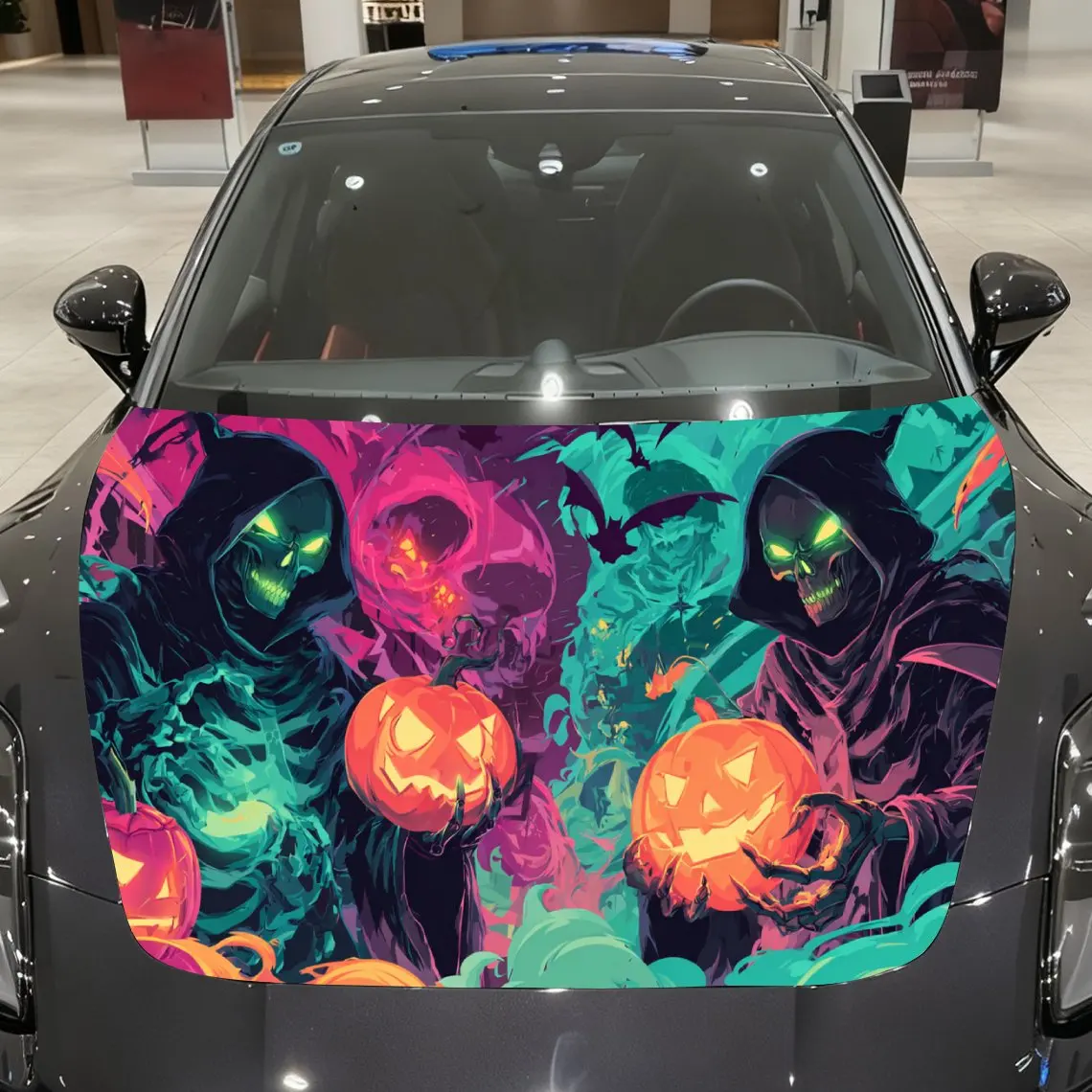

Colorful Gothic Dual Grim Reapers Pumpkin Bats Car Vinyl Wrap, PVC Material Waterproof Car Hood Sticker, Self-Adhesive Scratch-R