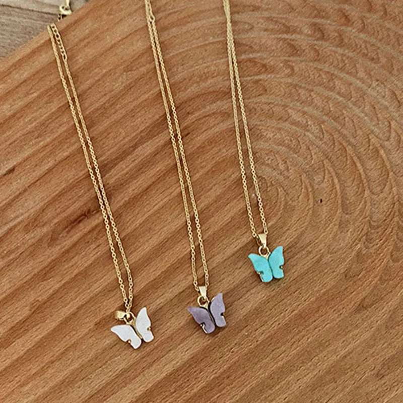 Lcr Fairy Jewelry ~ قلادة على شكل فراشة للنساء، سلسلة ترقوة بسيطة وأنيقة، قلادة سلسلة عنق عصرية جديدة، أرجواني