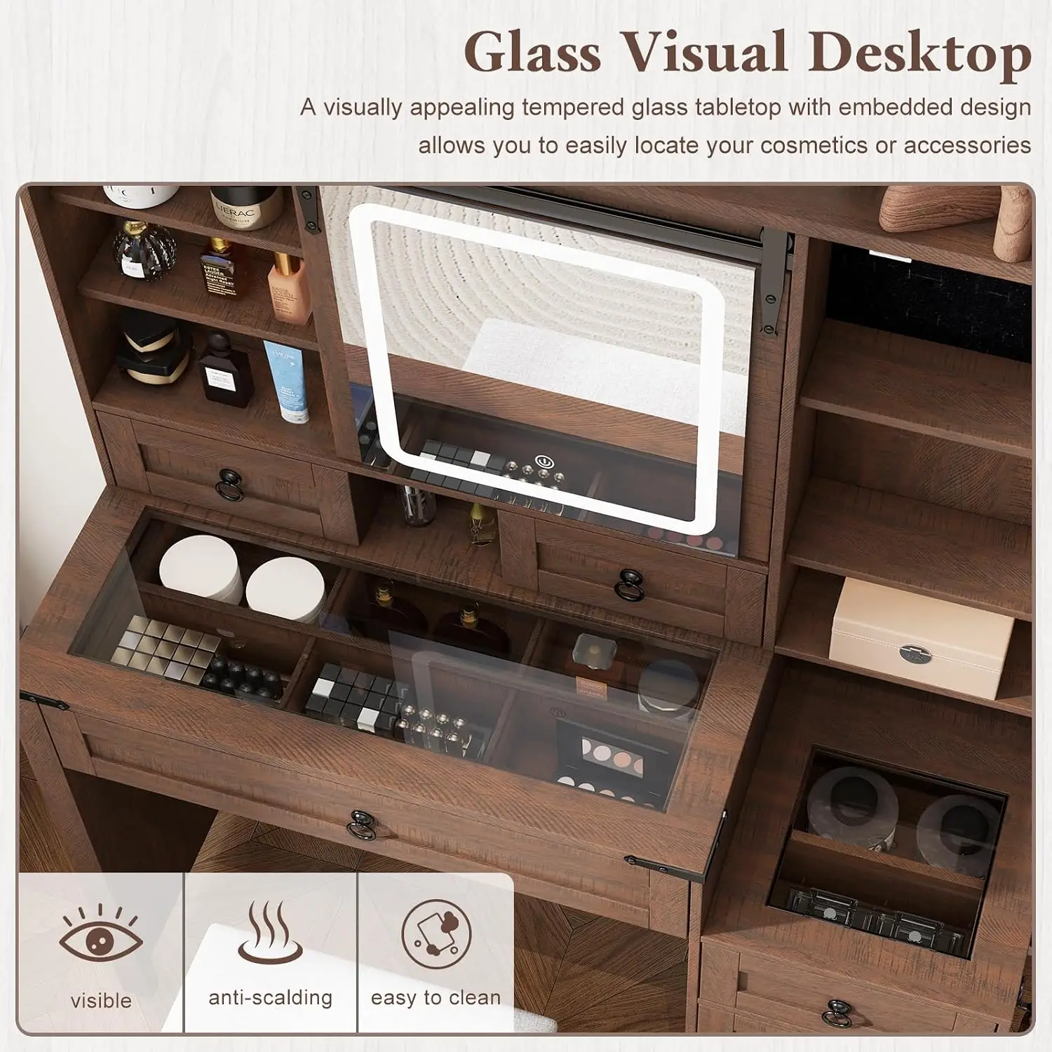Farmhouse Vanity Desk with Lighted Mirror, Dressing Table with LED Bulbs, Bedroom Furniture, Brown, Customized