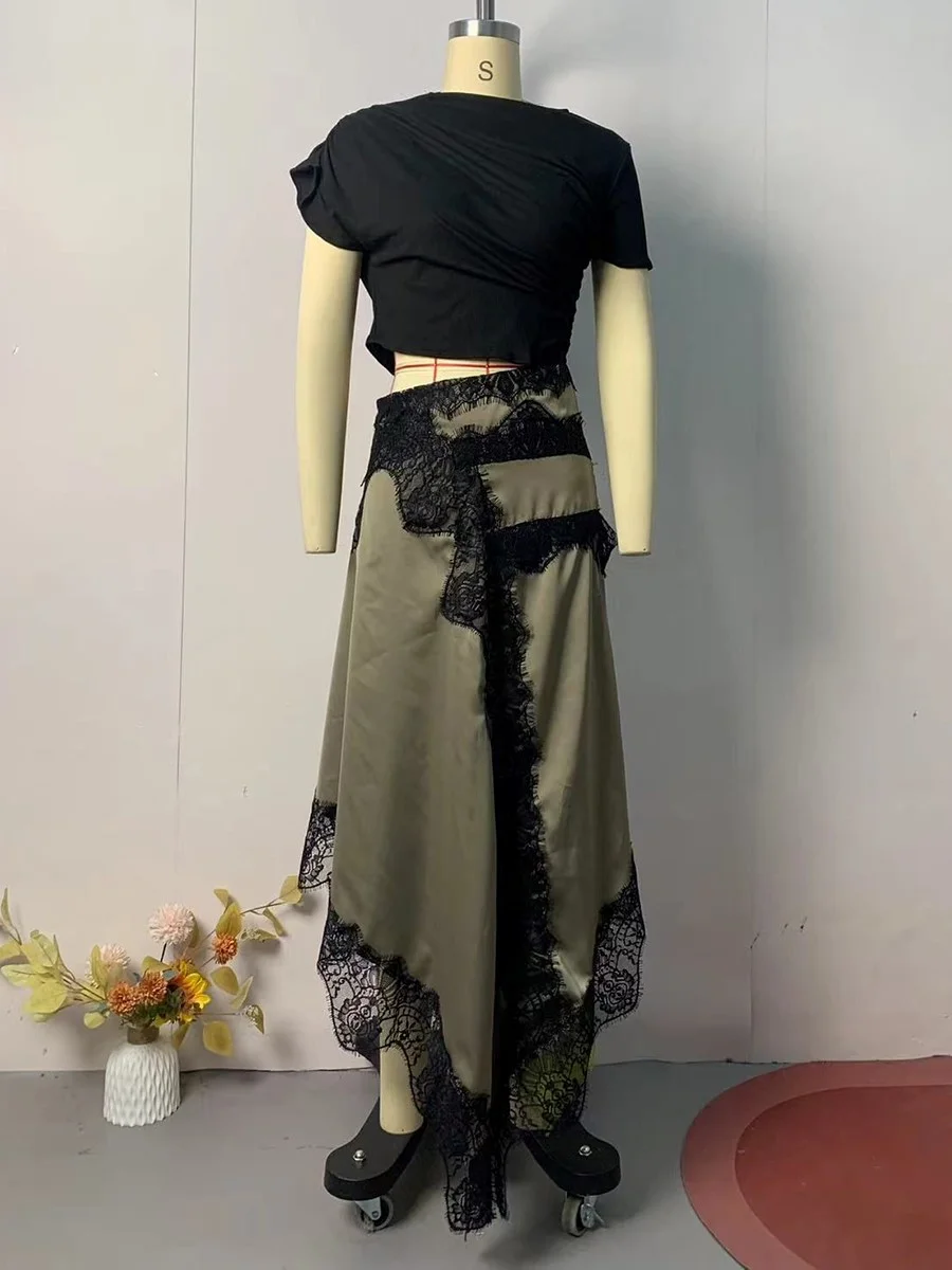 Sukienka damska VGH, patchworkowa, z koronką, dekolt okrągły, krótki rękaw, wysoki stan, ozdobna, seksowna, długa, nowa odzież damska.