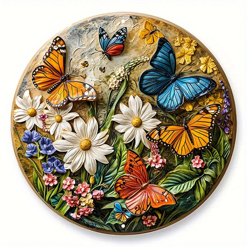 

Faux Wooden Carved Painted Circular Wreath Sign Office Decoration Girls Gifts Butterfly Garden In Spring Themed Decoration