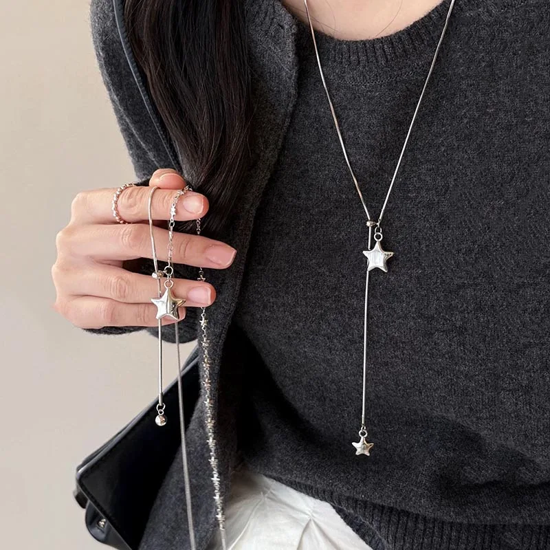 Minimalist Asymmetry Star Lariat Necklace for Women Adjustable Y-shaped Titanium Steel Chain Casual Daily & Party Jewelry Gift