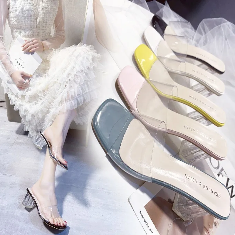 Summer new thick with transparent a word with high-heeled sandals slippers female external wear fairy wind temperament sandals