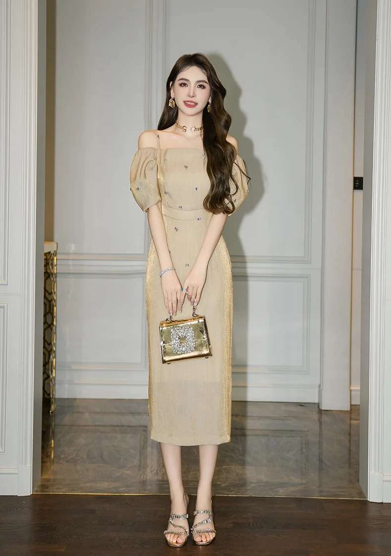 Summer new women's French design diamond puff sleeve waist hip suspender dress