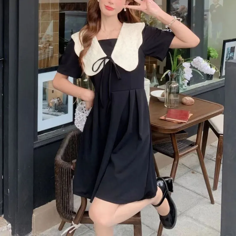 French Style Vintage Shorts Long Dress Summer New Doll Collar Ruffles Female Clothing Short Sleeve Elegant A-Line Waist Dresses