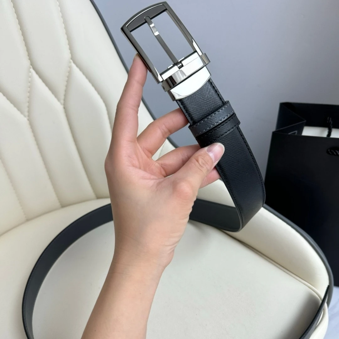 Business Formal Waist Strap Luxury Brand Men's Reversible Cross‑Grain Leather Belt Rotatable Pin Buckle Black Grey Dual‑Sided