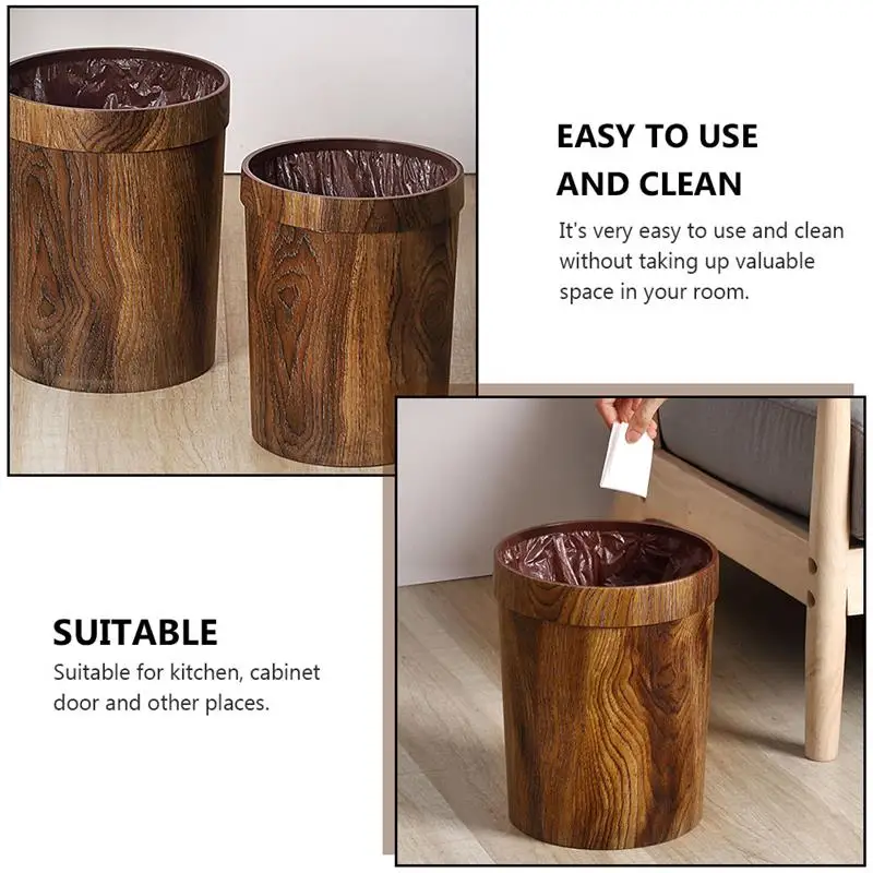 Wood Grain Trash Can Vintage Kitchen Black Bathroom Trash Can Rustic Recycling Bin Round Vintage Waste Can Removable Ring