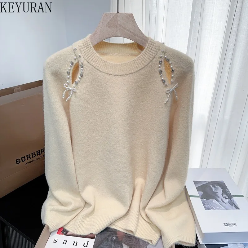 Otoño Invierno rebordear jerseys de punto mujeres suéteres moda coreana cuello redondo manga larga prendas de punto sólidas Tops Pull Femme Jumpers