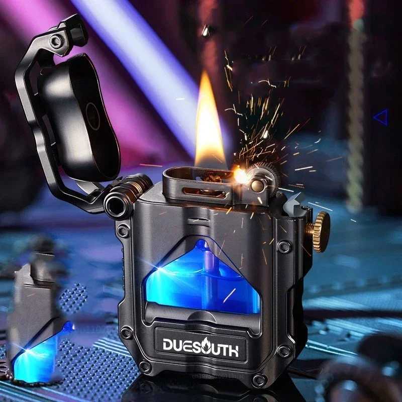 Cool Mechanical Coal oil Lighter LED Blue Light, Double Sealed Cover, High-Value Personalized Creative Gift