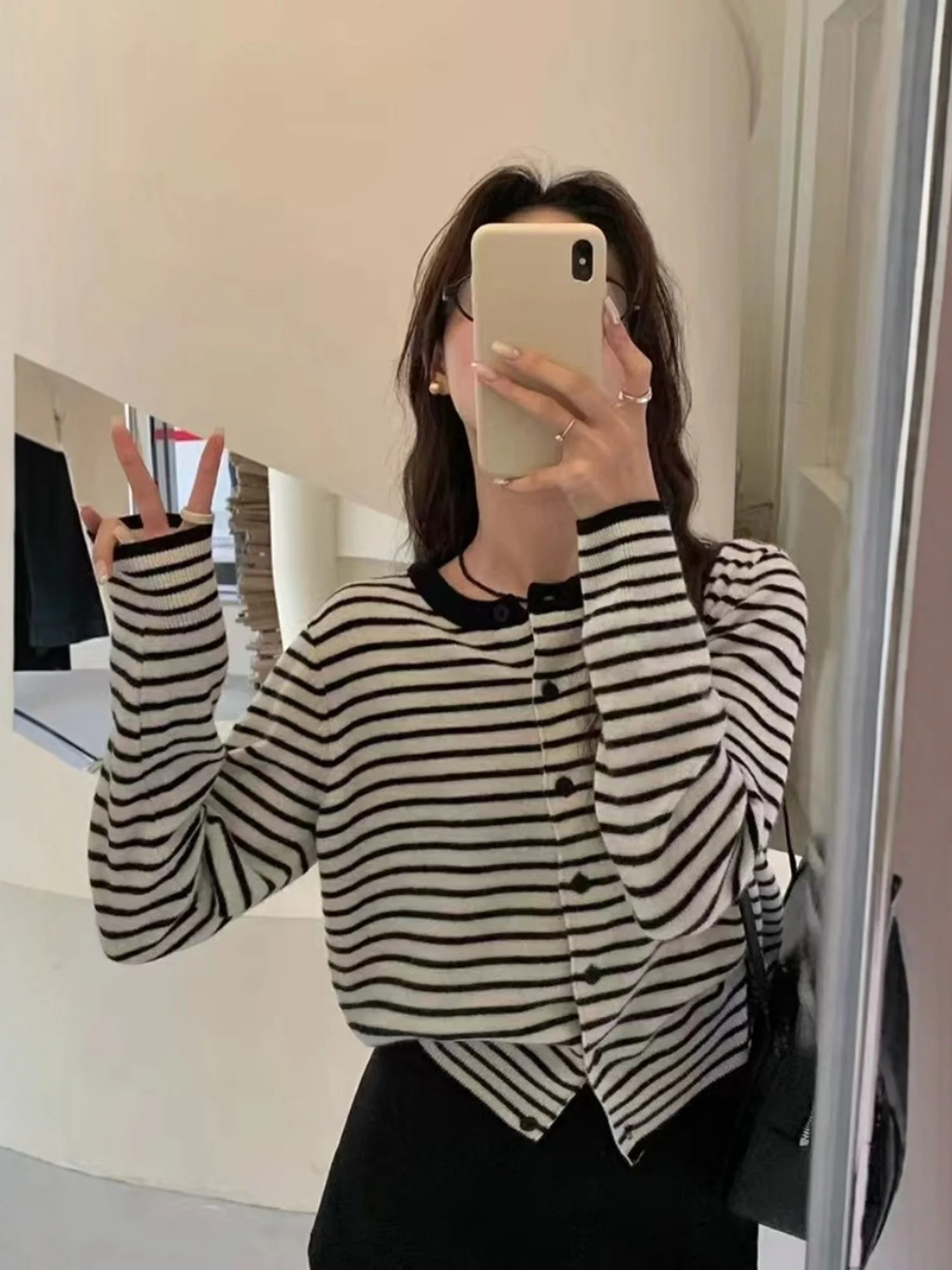 Korean Style Striped Color Block round Neck Knitted Open Cardigan Women's Spring Autumn Lightweight Mature Soft Sweater Jacket