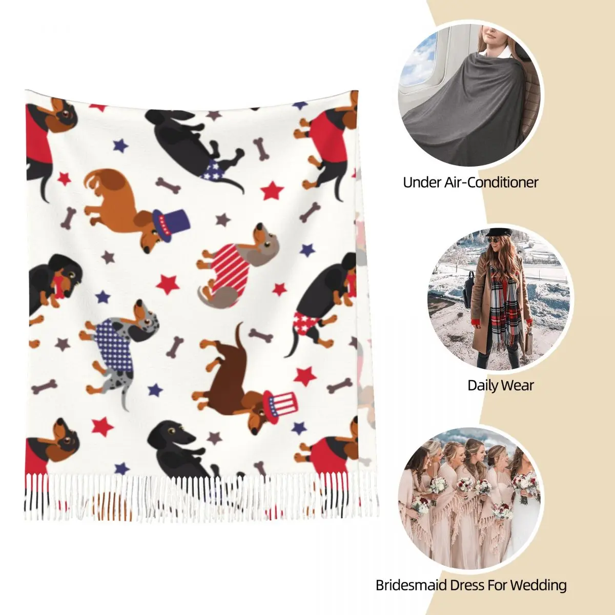 Patriotic Dachshund Shawl Wraps for Women Winter Long Soft Scarf Wiener Dog Cute Animal Pashmina Tassel Scarves