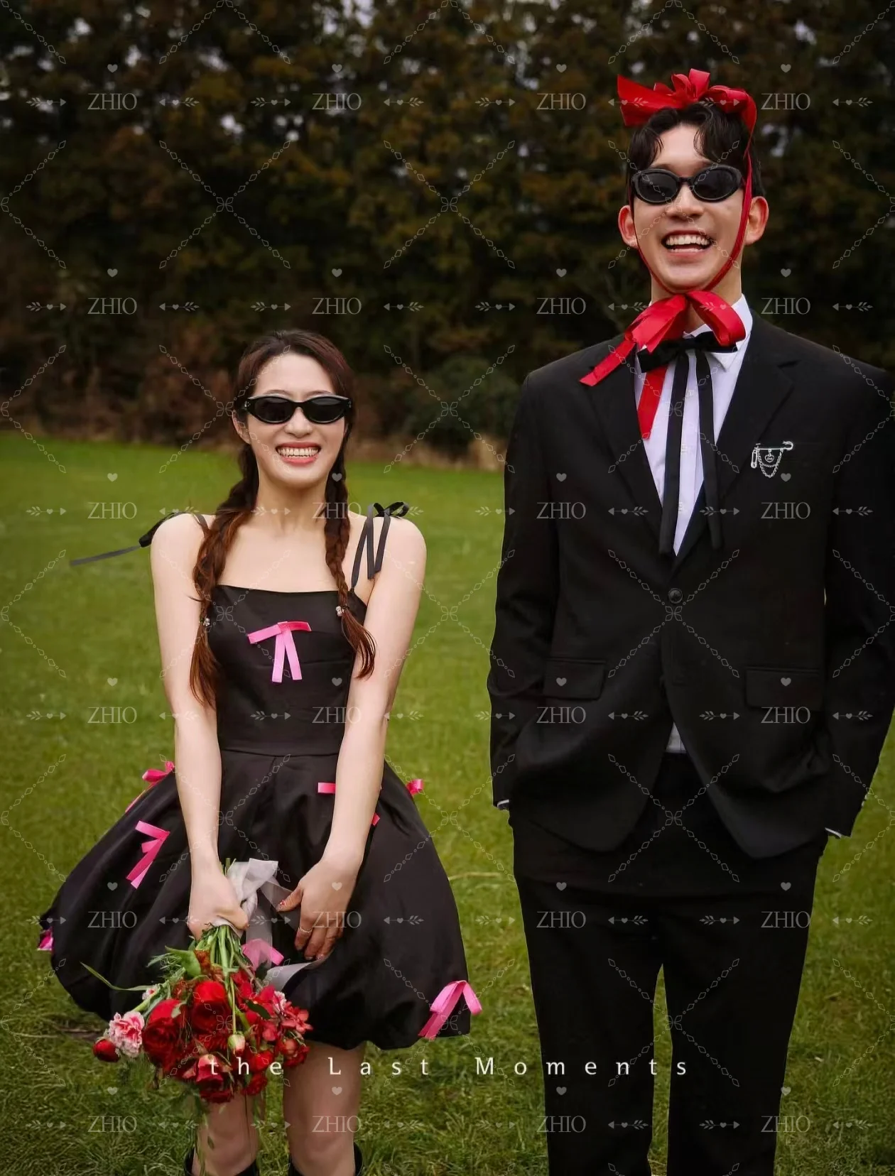 ZHIO Abito da cerimonia nuziale con fiocco rosa a contrasto nero Abito da compleanno con spalline per spaghetti Corea Servizio fotografico Abiti corti Personalizzati