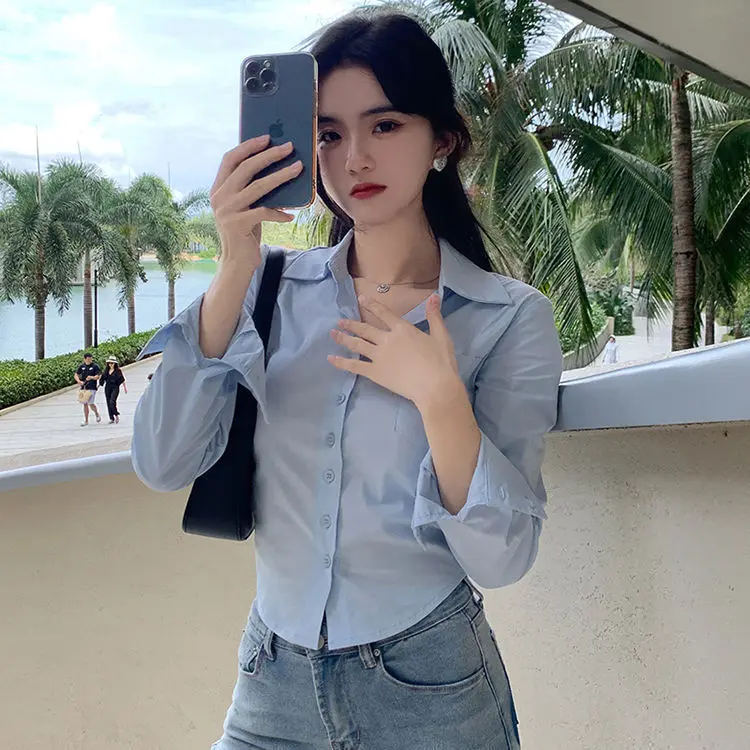 

Long Sleeve Shirts Womens Satin Ruffled Button Down Tops Pleated Hem Lantern Sleeves Slim Fit Polka Dot Preppy Feminine Retro