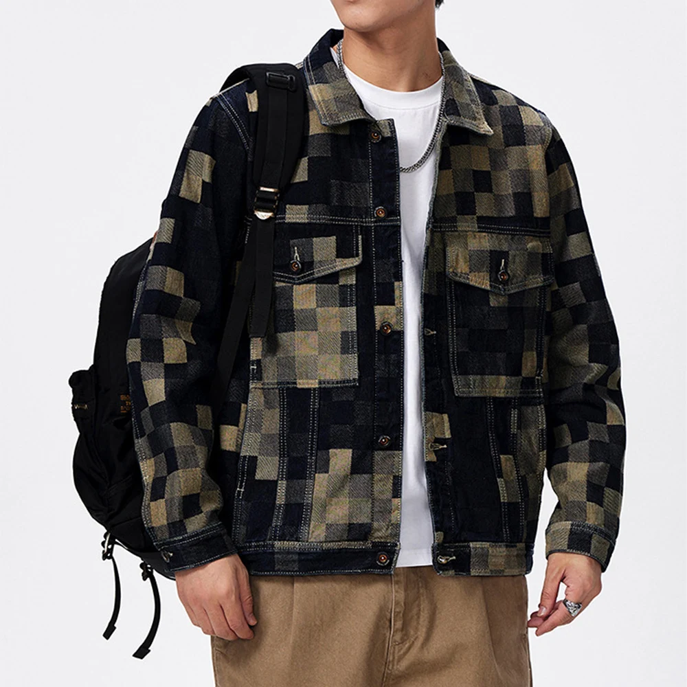 Men's Plaid Denim Jacket Vintage Patchwork Jean Jacket Casual Button Up Coat Streetwear Spring Autumn