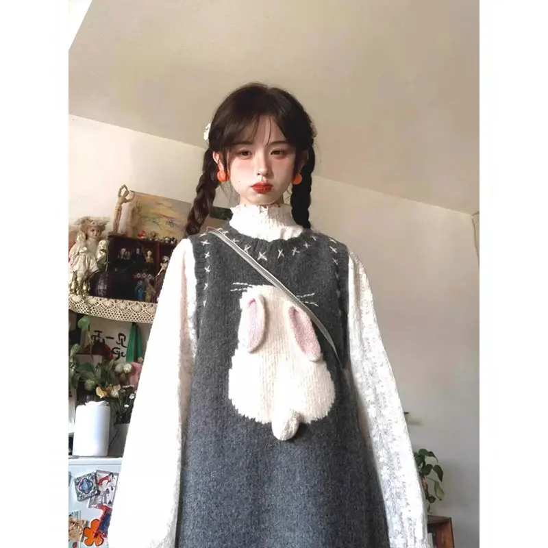 Sweet Overlap Knitted Dress Women's Early Autumn New Design Sensation 3D Little Rabbit Grey Knitted Vest Dress Commute Style