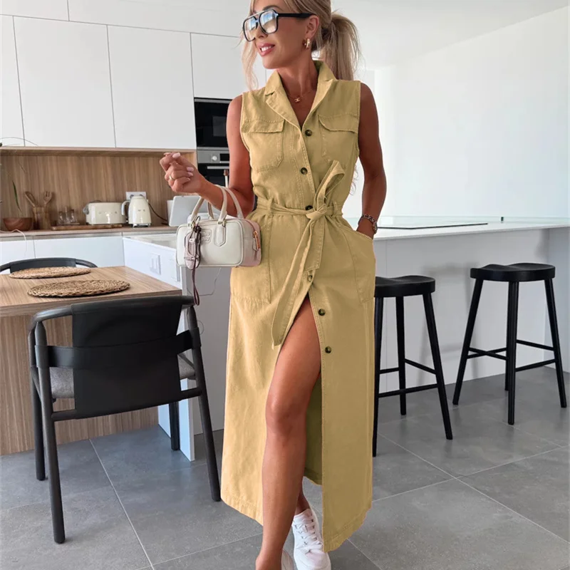 فستان دينم واحد الصدر مكون من 11 لونًا موضة جديدة لعام 2025 فستان نسائي صيفي ربيعي بدون أكمام وشاحات رفيعة من جان ماكسي ملابس خروج