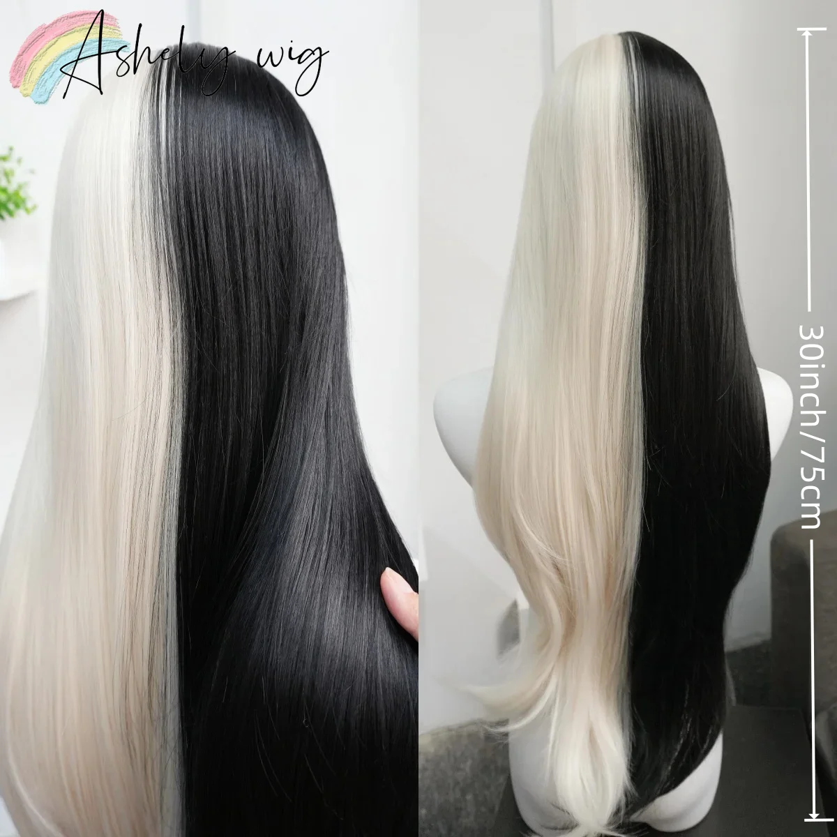 Ombre Wig Half Black Half White 13x4 Lace Front Wig 26inch Long Straight Hair Wig for Cosplay Heat-resistant Synthetic Lace Wigs