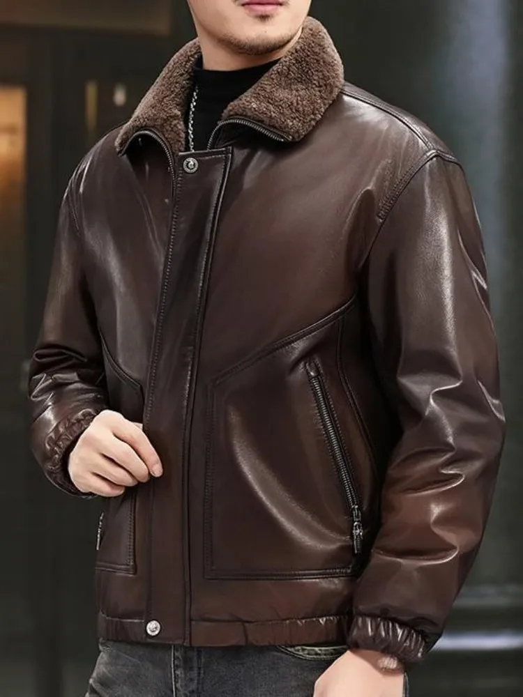 أزياء الترفيه جلد طبيعي الصوف طوق طويلة الأكمام أسفل معطف سليم سستة جيب دافئ الذكور جلد الغنم اليدوية ملابس خارجية